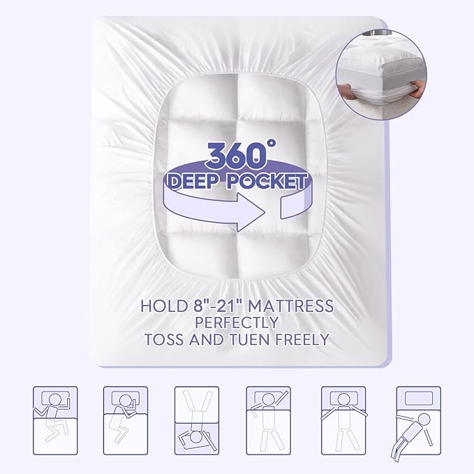 ABENE Mattress Topper for Back Pain Relief, Extra Thick Mattress Pad Pillowtop, Soft Mattress Protector Cover with 8"-21" Deep Pocket (Pure White, Full, Feather Down)