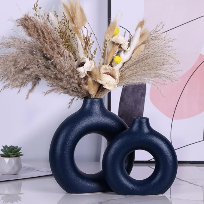 Blue Ceramic Vases Set - 2 Circular Donut Vases for Farmhouse or Country Style Decor, Modern Blue Accents for Living Room, Table Centerpiece, Fireplace Mantel or Entryway Shelf Decoration