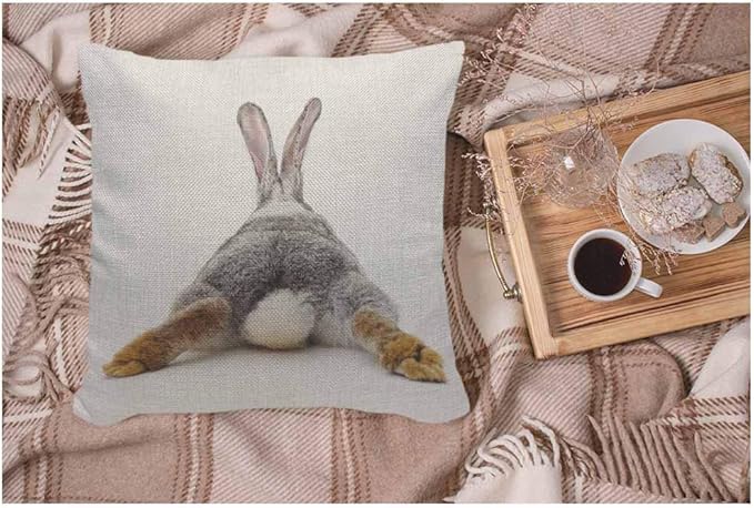 WONDERTIFY Throw Pillow Case Cover Grey Rabbit Isolated on A White Background Bunny Tail Back - Soft Linen Pillow Case for Decorative Bedroom/Livingroom/Sofa/Farm House - Cushion Covers 18x18 Inch