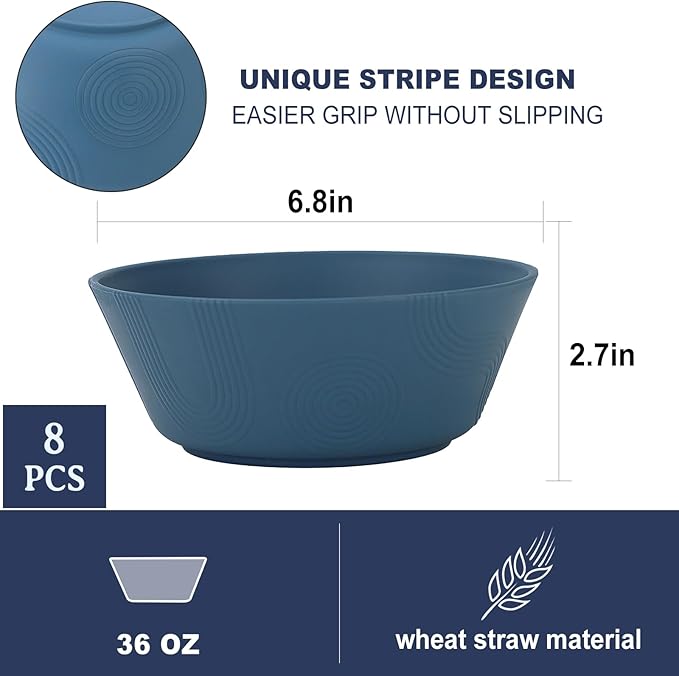 PYRMONT Wheat Straw Bowls 36oz Cereal and Salad Bowl Set of 8 Dishwasher & Microwave Safe Bowls for Kitchen, Plastic Bowls Reusable for Salad, Cereal, Snack, BPA-Free