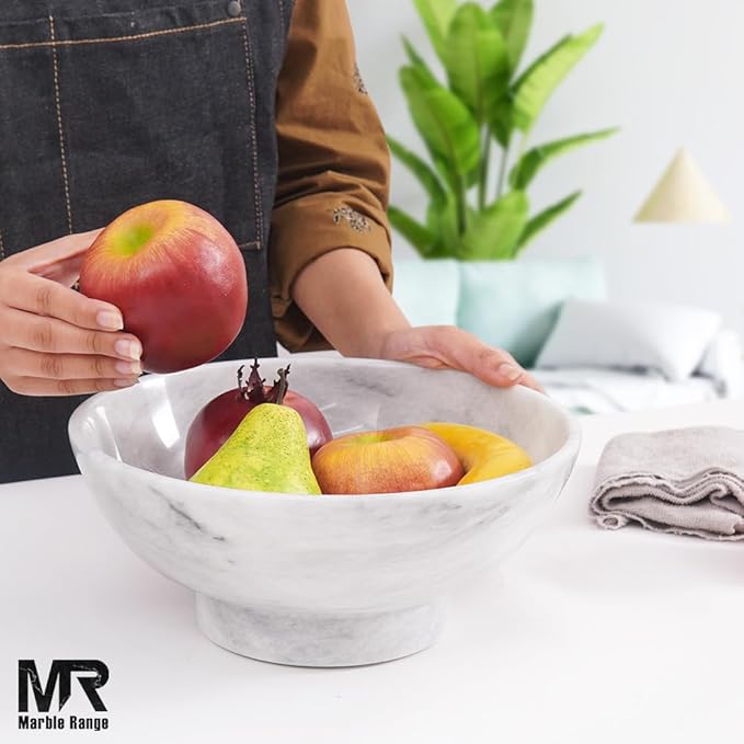 Marble Fruit Bowl 10 Inch Handmade White Bowls for Kitchen Counter, Dining & Coffee Table Centerpiece - Large Decorative Fruits Holder, Salad & Candy Bowl for Countertop Aesthetic, Home Decor Bowl