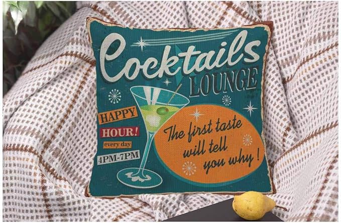WONDERTIFY Throw Pillow Case Cover 1950S Vintage Cocktails Metal Sign - Soft Linen Pillow Case for Decorative Bedroom/Livingroom/Sofa/Farm House - Cushion Covers Couch Pillow 18x18 Inch 45x45 cm