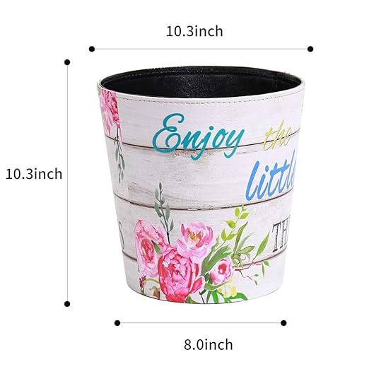 PU Leather Small Trash Can Wastebasket, Round Garbage Container Basket for Bathrooms, Laundry Room, Kitchens, Offices, Kids Rooms, Bedrooms,Dorms,Home Decorative Art Bin, 2.9 Gallon(Floral)