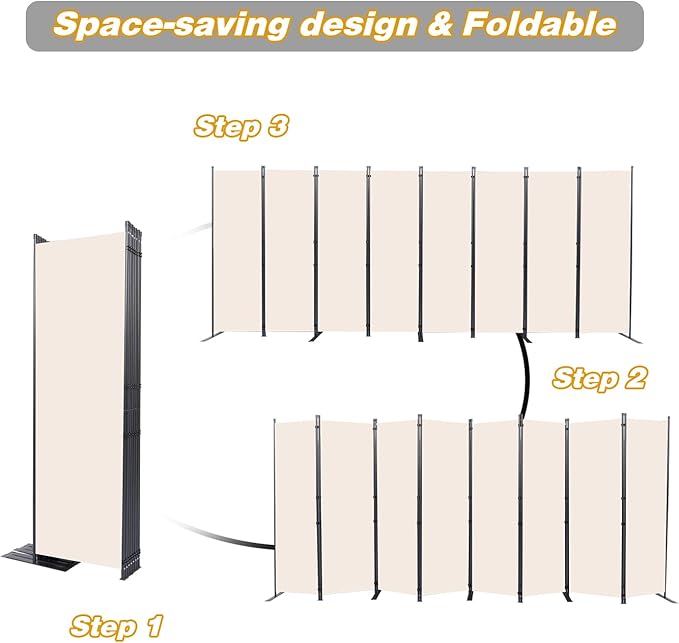 Room Divider, 8 Panel Folding Privacy Screens with Wider Support Feet, 6 Ft Portable Room Partition for Room Separator, 176" W X 71" H, Beige