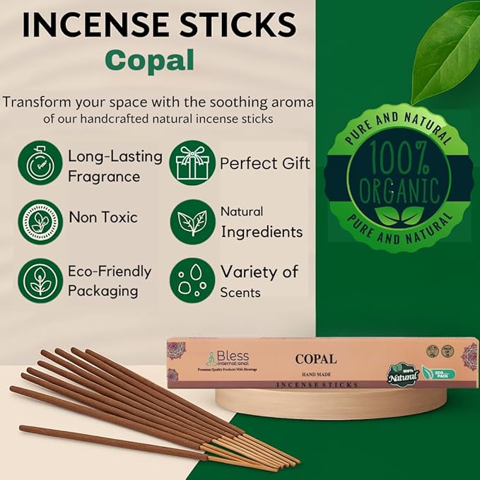 Bless-Copal 100%-Natural-Handmade-Hand-Dipped-Incense-Sticks Organic-Chemicals-Charcoal-Free Purification-Relaxation-Positivity-Yoga-Meditation Best-Woods-Scent (500 Sticks(26 OZ))