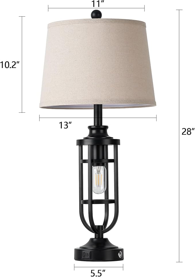 28" Table Lamps for Living Room Set of 2, Farmhouse Lamps for Night Stands with USB A+C, Bedside Lamps for Bedroom End Tables, Bulbs Included, Black