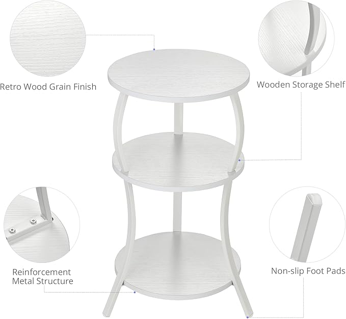 Vintage Small Round Side Table, 3-Tier Slim Waist Circular End Table with Storage Shelf, Compact Tea Sofa Table, Round Corner Coffee Table Nightstand for Living Room Bedroom Small Spaces,White