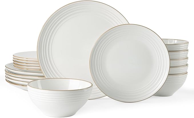 Famiware Jupiter Dinnerware Set, Plates and Bowls Dish Sets for 6 (18 Pieces), Microwave and Dishwasher Safe Stoneware Speckled Tableware, Chip and Scratch Resistant, White