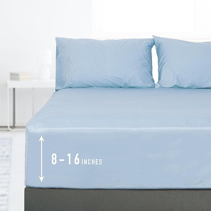 Sunflower Queen Fitted Sheet, 1-Piece Deep Pocket Fitted Bottom Sheet 16", 100% Cotton Sateen Soft Breathable, Powder Blue
