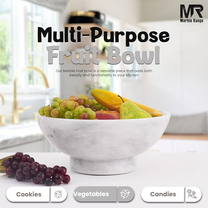 Marble Fruit Bowl 10 Inch Handmade White Bowls for Kitchen Counter, Dining & Coffee Table Centerpiece - Large Decorative Fruits Holder, Salad & Candy Bowl for Countertop Aesthetic, Home Decor Bowl