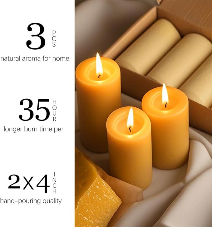 Natural Beeswax Candles 3 Packs, 105 Hours Burn Time Total, 100% Pure Beeswax Pillar Candles for Emergency Prayer Home Decor, Bees Wax Candle for Relax, Smokeless & Dripless [2x4 inch]
