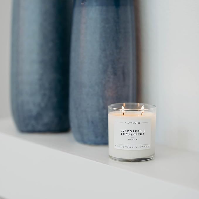 Calyan Wax Co. 2 Wick Candle, Evergreen + Eucalyptus Scented Candle, 37 Hour Burn Time, Aromatherapy Soy Candles, Non Toxic & Vegan Soy Wax, Glass Tumbler Scented Candles, 12.5oz