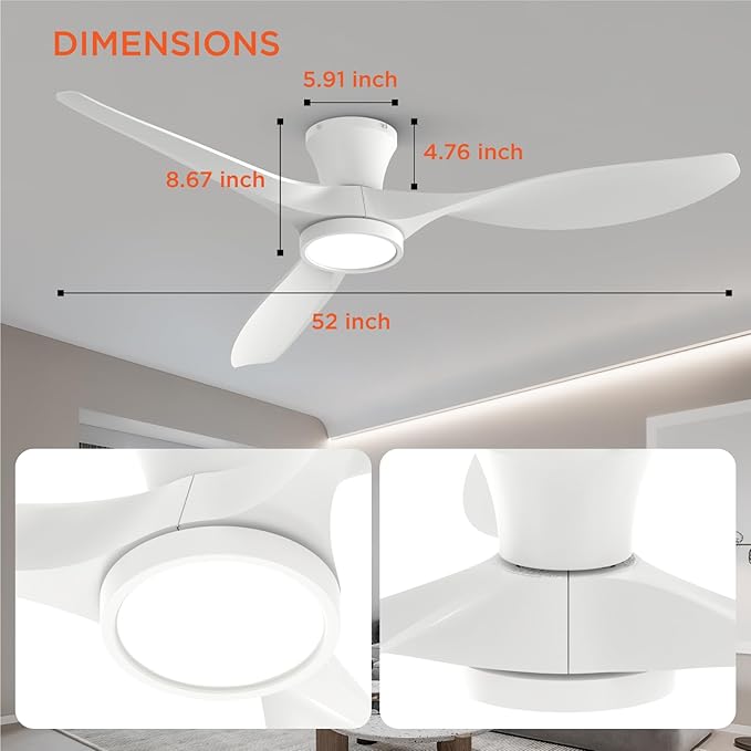 TALOYA 52 inch Ceiling Fans with Lights Remote Control, Modern Low Profile Ceiling Fan with Quiet Reversible DC Motor for Bedroom Living Room and Patio White