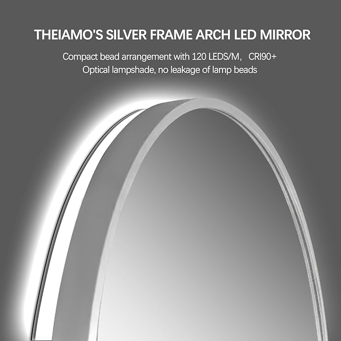 Arched LED Bathroom Mirror, 48"x30" Silver Framed Arch Backlit Mirror with Lights, Lighted Vanity Mirror for Wall, Anti-Fog, 3 Colors, Dimmable, Adjustable Brightness, Waterproof, UL Listed