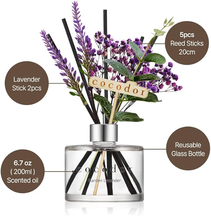 COCODOR Lavender Reed Diffuser/White Jasmine/6.7oz/1Pack / Home Fragrance Scent Essential Oil Stick Diffuser for Bedroom Bathroom Home Décor
