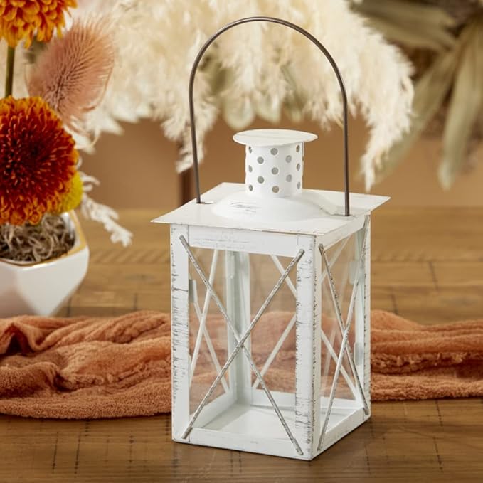 Kate Aspen Rustic Shelf Decor Luminous Vintage Tea Light Votive Candle Holders, Medium Metal Decorative Lantern, Distressed White