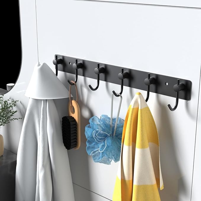 VAEHOLD Wall Hooks for Hanging, Black Coat Rack Wall Mount with 6 Coat Hooks, Towel Hanger, Hat Hooks, Robes Hook in Bathroom, Bedroom, Kitchen, Living Room (1PACK)