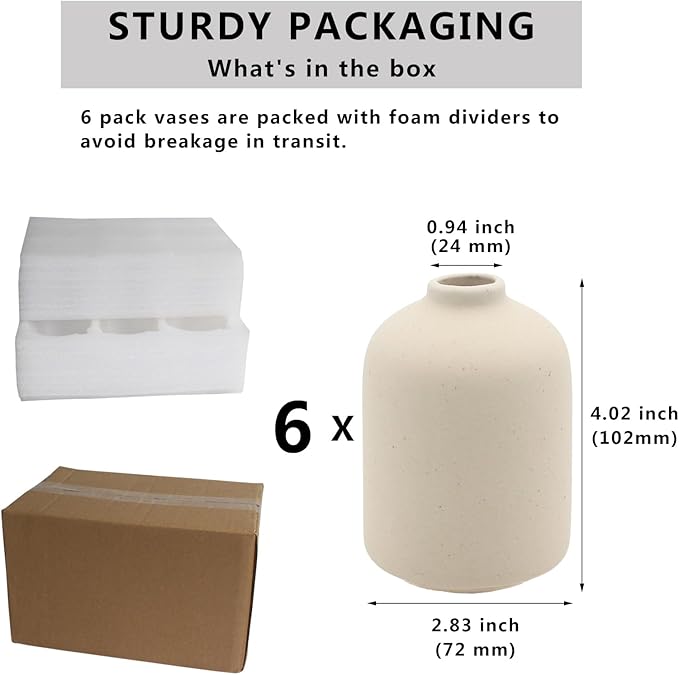 YANLING 6 Pack Small Vase for Flowers Boho Vases for Home Decor, Modern Light Yellow Ceramic Vases for Pampas Grass Simple Shelf Vase, Bud Vases for Wedding Dinner Table Party