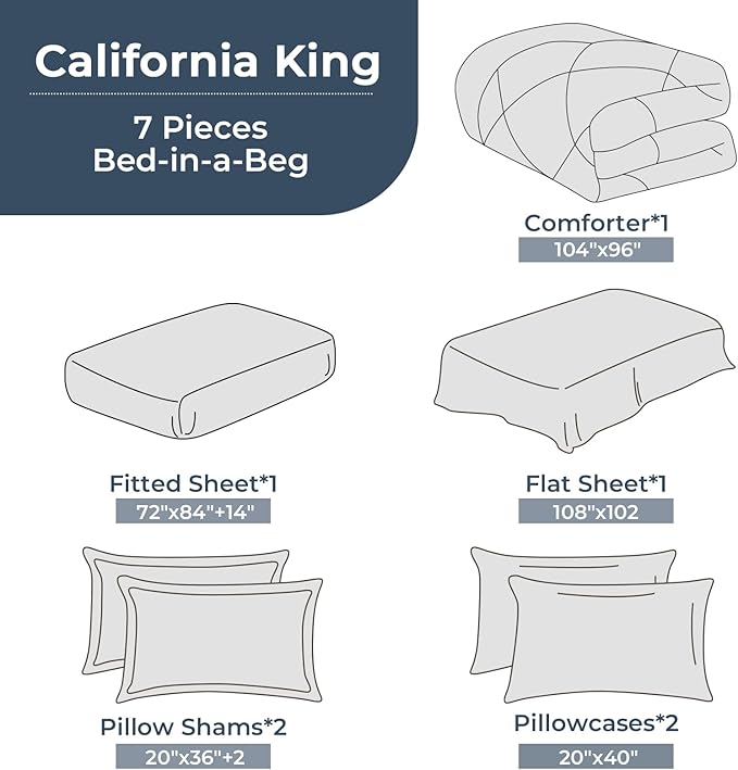 HEVUMYI Light Green Cali-King Comforter Set - 7-Piece All Season Bed in a Bag Cali-King, Ultra Soft Bedding Set with Comforter, Flat Sheet, Fitted Sheet, Pillowcases, Pillow Shams