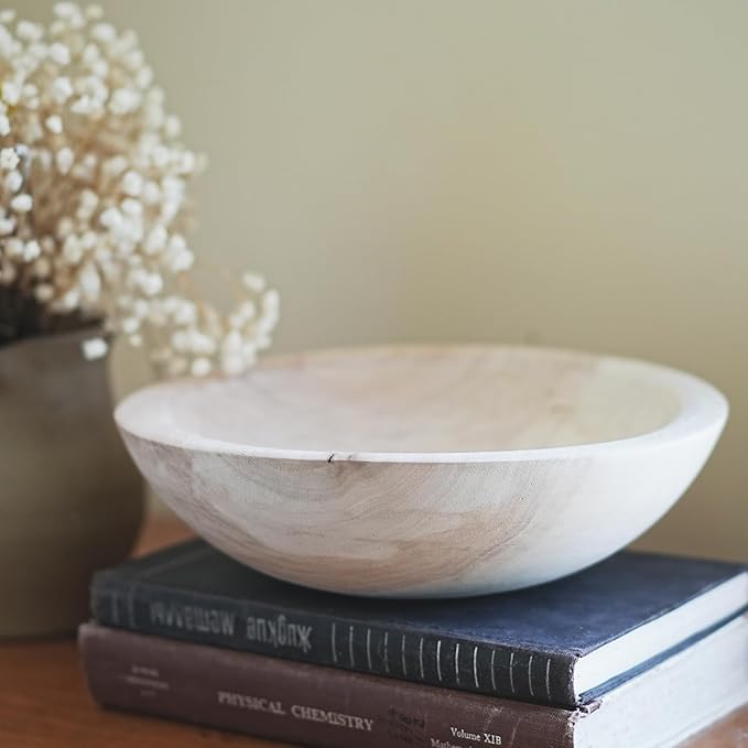 Hand Carved Wooden Decorative Bowl for Home Entryway Decor, Wood Centerpiece Bowl for Coffee Table Decor, Wood Dough Bowl for Farmhouse Decor (Natural)