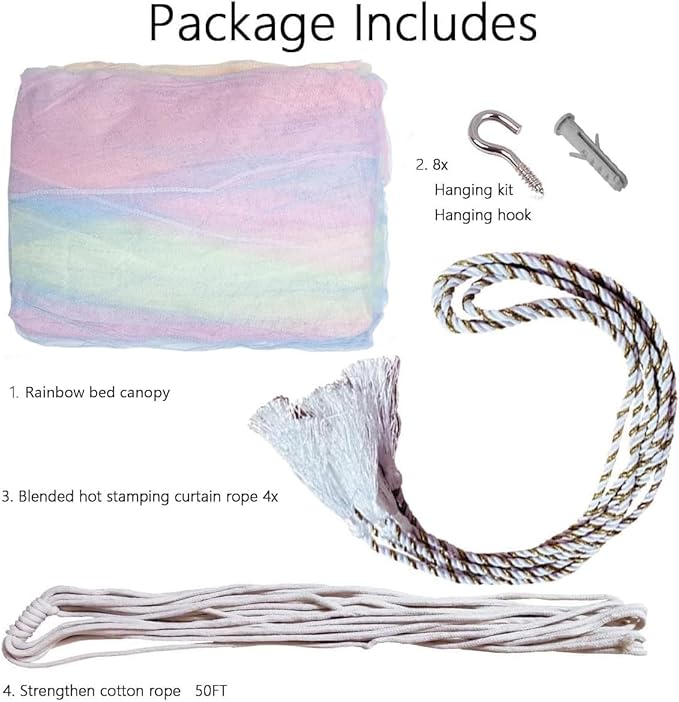 Comtelek Curtains Bed Canopy Rainbow Mosquito Net for Bed Canopy Four Corner Post Elegant Mosquito Net Set, Stick Hook &Profession Rope for net, Screen Netting Canopy Curtains, Full/Queen/King