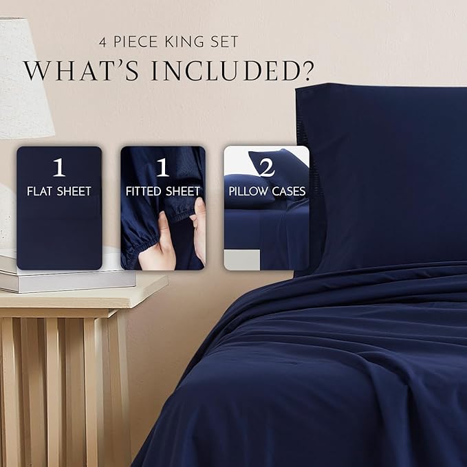 Linen Closet 100% Organic Cotton King Sheet 4 Pcs Set – Crisp Percale, Lightweight & Breathable– Navy Bed Sheets,Deep Pocket up to 18”– Naturally Cooling, Soft, Eco-Friendly,All Season Comfort