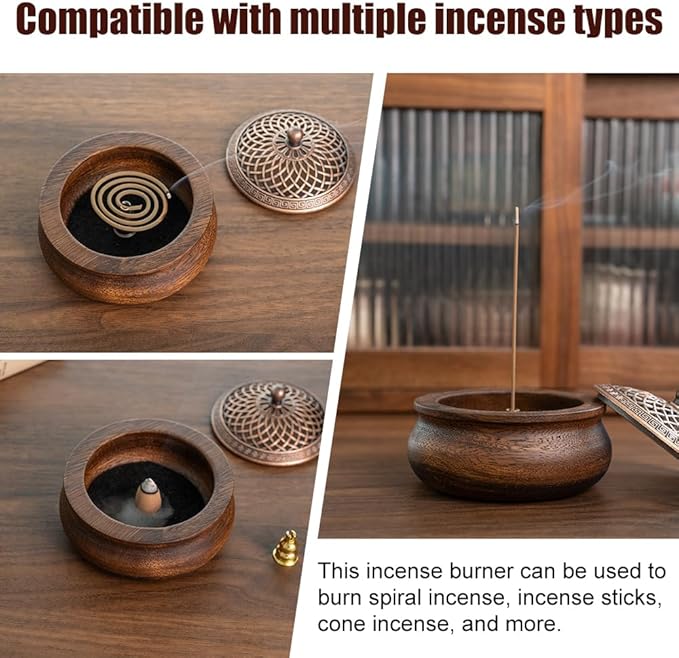 Round Wooden Incense Burner & Holder - 4" Handcrafted Natural Wood Censer with Alloy Lid, Heat-Resistant Tray for Sticks, Cones, Sage, Frankincense (Meditation, Yoga, Home Decor)