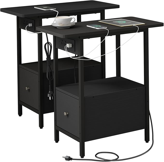 LIDYUK End Table with Charging Station, Narrow Side Table with Drawer and USB Ports & Power Outlets, Nightstand Bedside Tables for Small Spaces, Bedroom, Living Room, Black, Set of 2