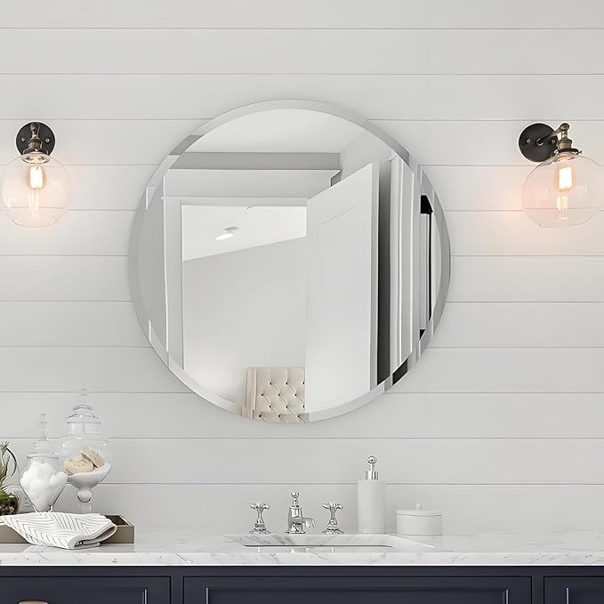 KOHROS Frameless Round Bathroom Mirror for Over Sink 24" x 24" Circle Mirror Beveled Edge Wall Mirror for Bathroom Vanity Entryway Bedroom