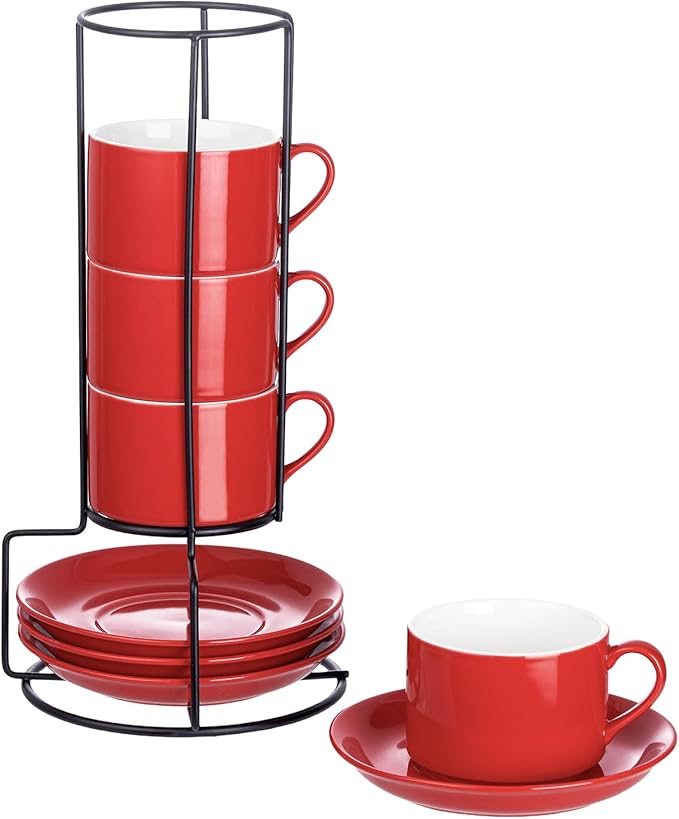 8oz Porcelain Stackable Cappuccino Cups with Saucers and Metal Stand Set of 4, Coffee Cups for Espresso, Specialty Coffee Drinks, Latte, Americano and Tea - Red