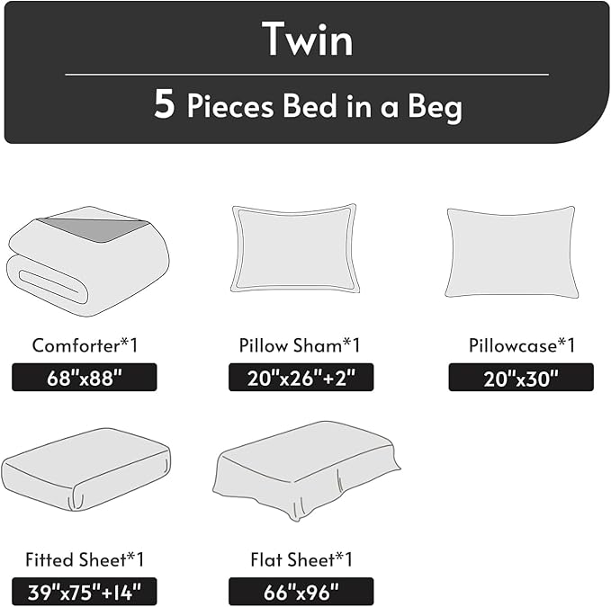 MUXHOMO Black Twin Comforter Set, Elegant Floral Print Bed in a Bag 5 Pieces, Ultra Soft & Breathable Reversible Botanical Pattern Bedding Set with Comforter, Sheets, Pillowcase, and Sham
