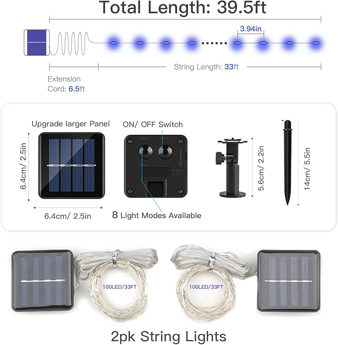 suddus 2 Pack 33ft Solar Fairy String Lights Small, 100 Led Blue Solar Fairy Lights Outdoor, 8 Modes Solar Christmas Lights Copper Wire for Trees Garden Patio Yard Deck Fence Party Decorations
