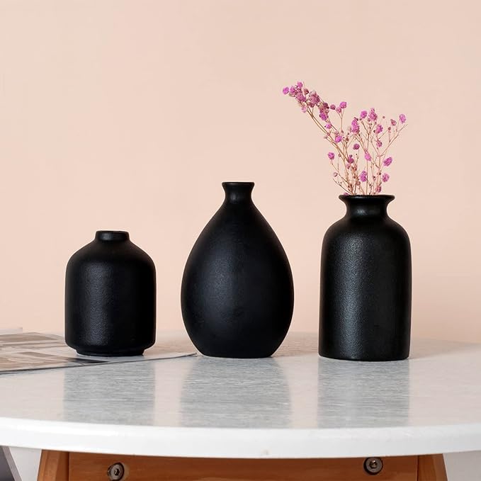 Black Ceramic Vase Set of 4, Classic Matte Vases Home Decorations for Table Shelf Office Decor (Black)
