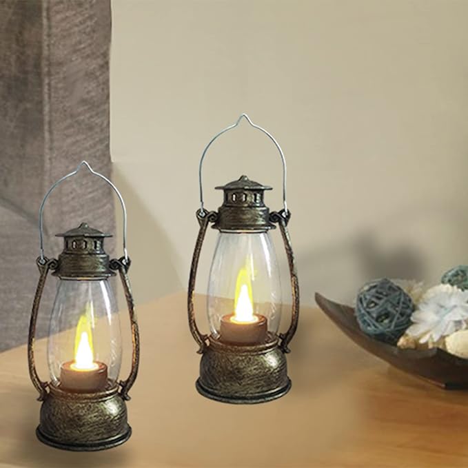 (12 Pcs-5.1in) Mini Lanterns for Vintage Western Christmas Decor, Lightweight Bronze Small LED Lanterns Decorative Indoor & Outdoor Hanging Ornaments for Weddings Party Halloween Decorations