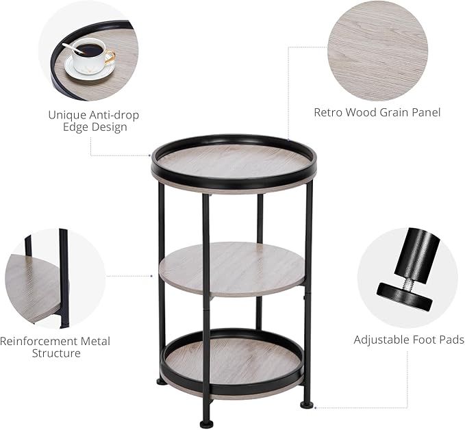 Dulcii Side Table, Round End Table with 3 Storage Shelves for Living Room, Bedroom, Nightstand with Steel Frame for Small Spaces, Industrial Round Sofa Table, Outdoor Accent Coffee Table, Oak