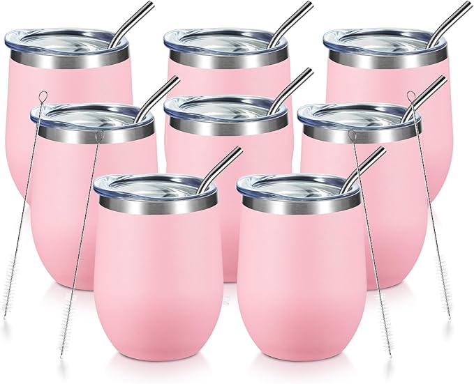 COMOOO Stainless Steel Wine Tumbler Glass Bulk with Lid and Straw 12oz Double Wall Vacuum Insulated Travel Tumbler Cup Stemless for Hot and Cold Drinks, Coffee, Wine, Cocktails, Pink, 8 Pack