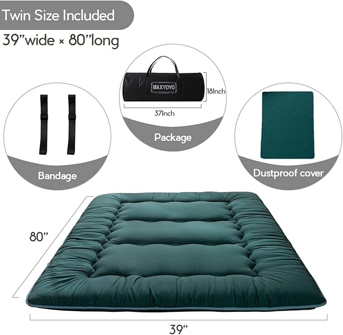 MAXYOYO Japanese Floor Mattress Futon Mattress, Thicken Sleeping Pad Foldable Roll Up Floor Futon for Adults Tatami Mat Dormitory Bed Lounger, Dark Green, Twin Size