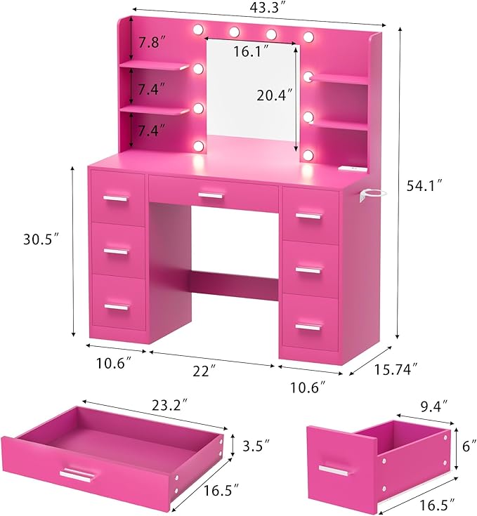 Furmax Vanity Desk with Mirror, LED Lights and Power Outlet Makeup Vanity Table with 7 Drawers and 6 Storage Shelves Dressing Table for Bedroom Dressing Room (Rose Pink)