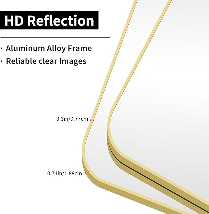 55"x30" Gold Bathroom Mirror, Large Rectangle Mirror, Rectangular Wall Mirror, Rounded Corner Vanity Mirror with Aluminum Metal Frame for Bathroom Bedroom Living Room Horizontal/Vertical
