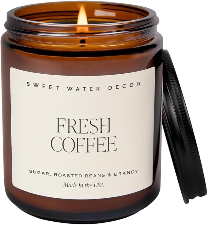 Sweet Water Decor Fresh Coffee Soy Candle - Caramel Creme, Mocha Latte and Kona Coffee Scented Candles for Home - 9oz Amber Jar + Black Lid, 40+ Hour Burn Time, Made in The USA
