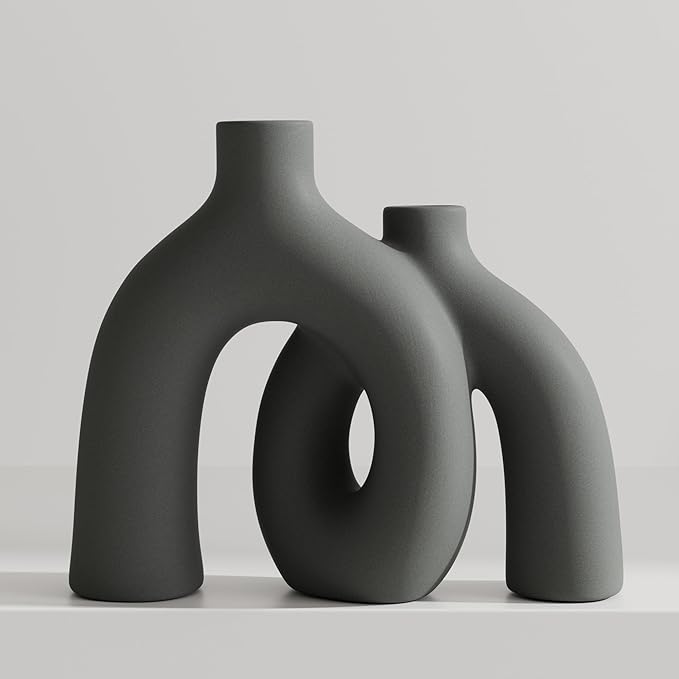 Hug Donut Decorative Vase Set - Dark Gray Modern Minimalism Industrial Style Vases Home Decor, Matte Ceramic Decorations for Living Room Shelf, Bookshelf Mantle Entryway Table or Console Décor(Gray)