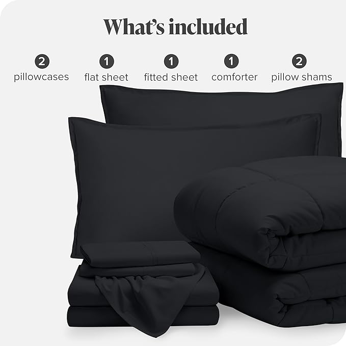 Bare Home Bed-in-A-Bag 7 Piece Comforter & Sheet Set - California King - Goose Down Alternative - Ultra-Soft 1800 Premium - Bed Set (Cal King, Black/Black)