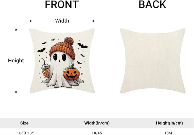 Halloween Pillow Covers 18 x 18 Inch, Burnt Orange Pumpkin Decor Throw Pillows for Home Couch Bed, Black Cream Cute Ghost Bat Fall Outdoor Decorative Pillowcase Linen Cushion Cover Set of 2