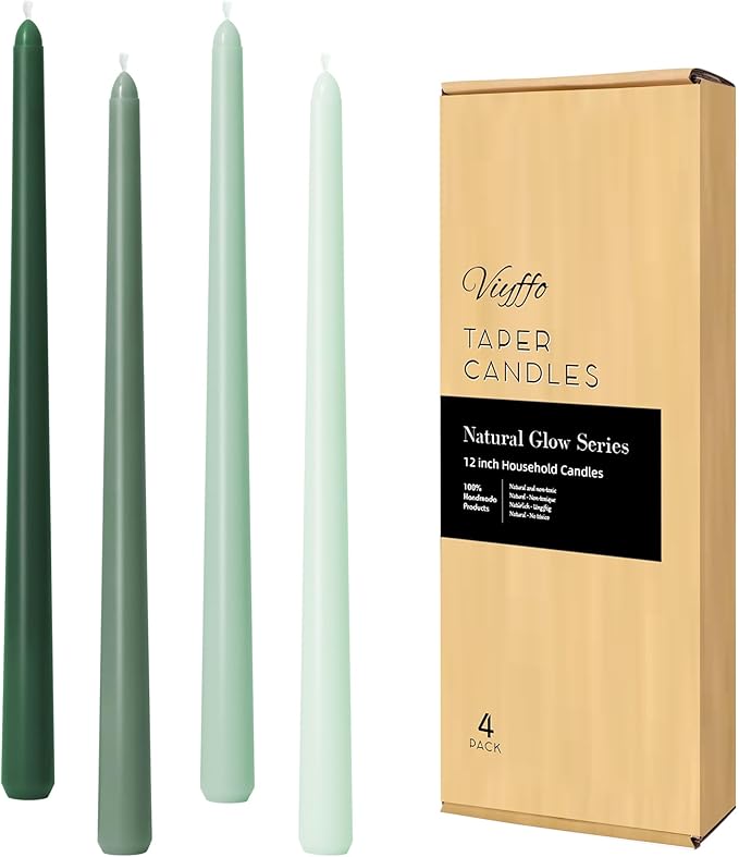 Viyffo Taper Candles 12 Inch 4 Pack Green, 9 Hour Burn Unscented Dripless & Smokeless Decorative Candles for Dinner, Wedding & Home Decor