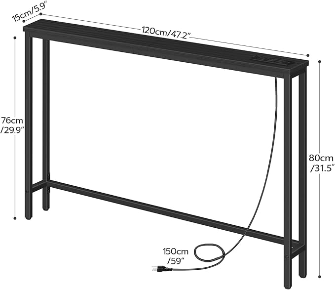 HOOBRO 47.2" Skinny Console Table with Power Outlets, 5.9" Behind Couch Table with Charging Station, Narrow Sofa Table, Long and Thin Table for Entryway, Living Room, Black BB15XG01G1