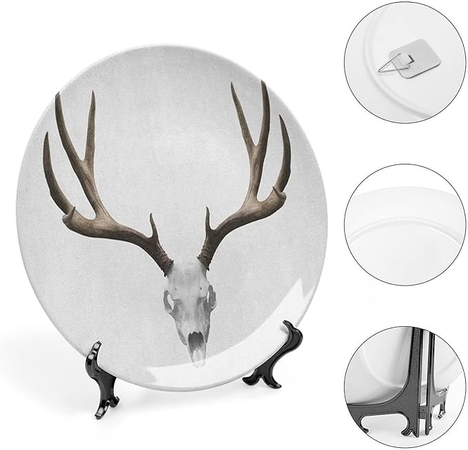 7 Inch Decorative Plate,Antlers Ceramic Plate, Deer Skull Skeleton Head Bone Halloween Print Ornament Display Plate for Dining Table Setting, Wedding Reception Decorations, Christmas Tablescape