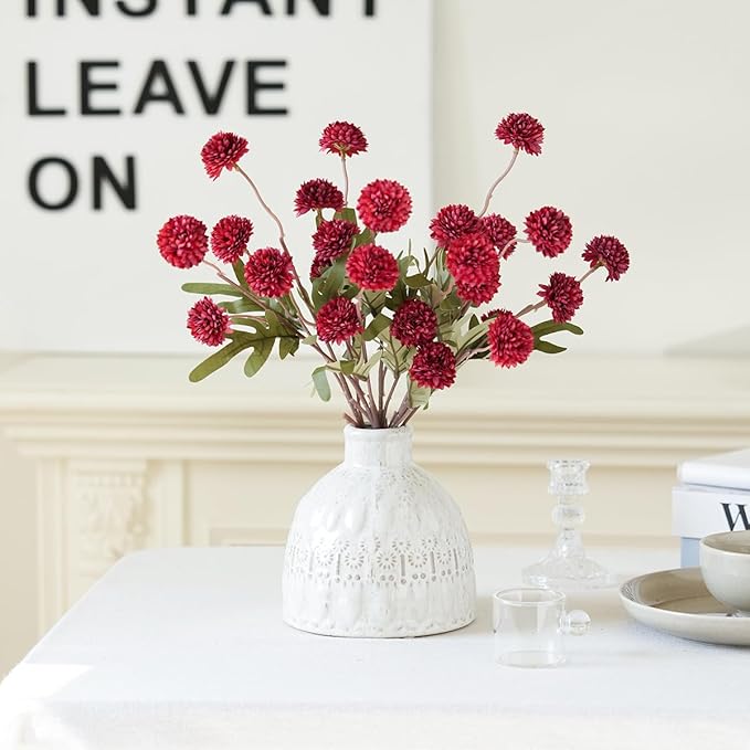 Artificial Kiku Flower Burgundy - 5 Pcs Fake Pompon Mums Silk Small Chrysanthemum Faux Ball Fall Flower Stem Decor for Autumn Wedding Filler DIY Bouquet Centerpieces Arrangements Shower (Burgundy)