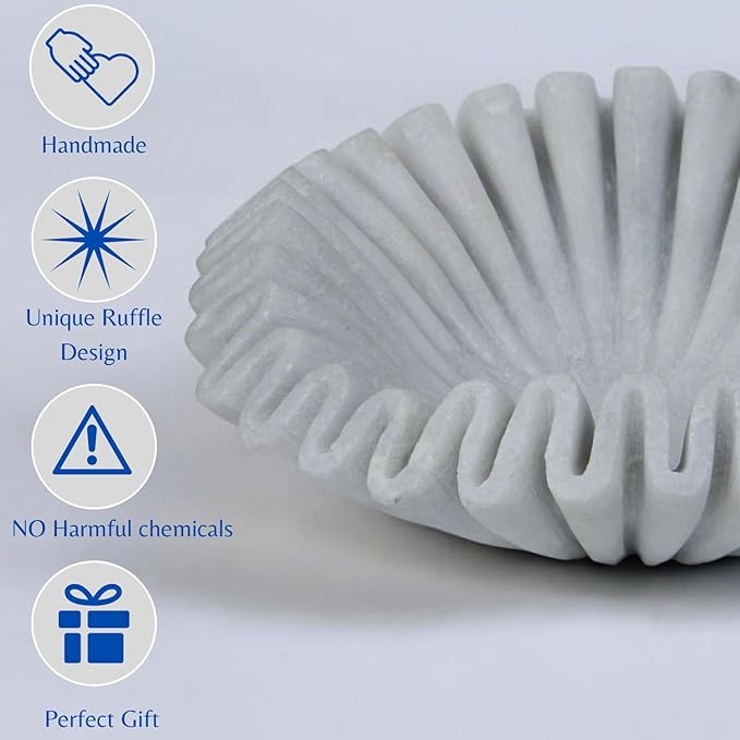 Marble Ruffle Bowl Handcrafted Decorative ScallopBowls - Antique Catchall Jewelry Dish Fruit Organizer for Home & Kitchen (7 inches)