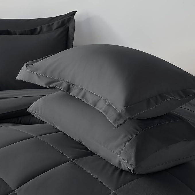 CozyLux King Size Comforter Set Dark Grey - 7 Pieces Bed in a Bag King, Luxury Soft Bed Set for All Seasons, Bedding Set with Down Alternative Comforter, Sheets, Pillowcases & Shams