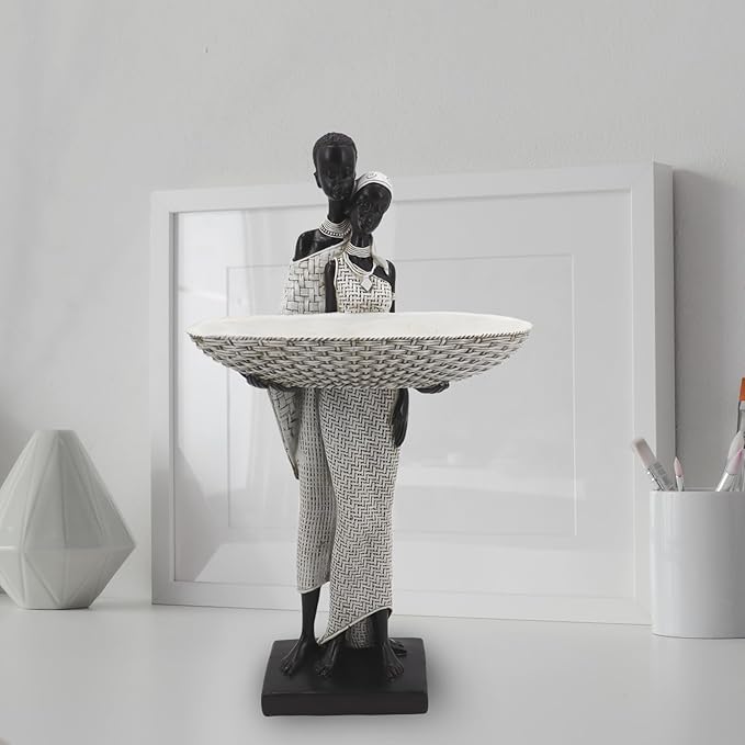 Ivory White African Couple Statue - Minimalist Standing Figure with 7.8" Basket, Resin Home Decor for Small Items, Neutral Shelf Accent (12.5" H)